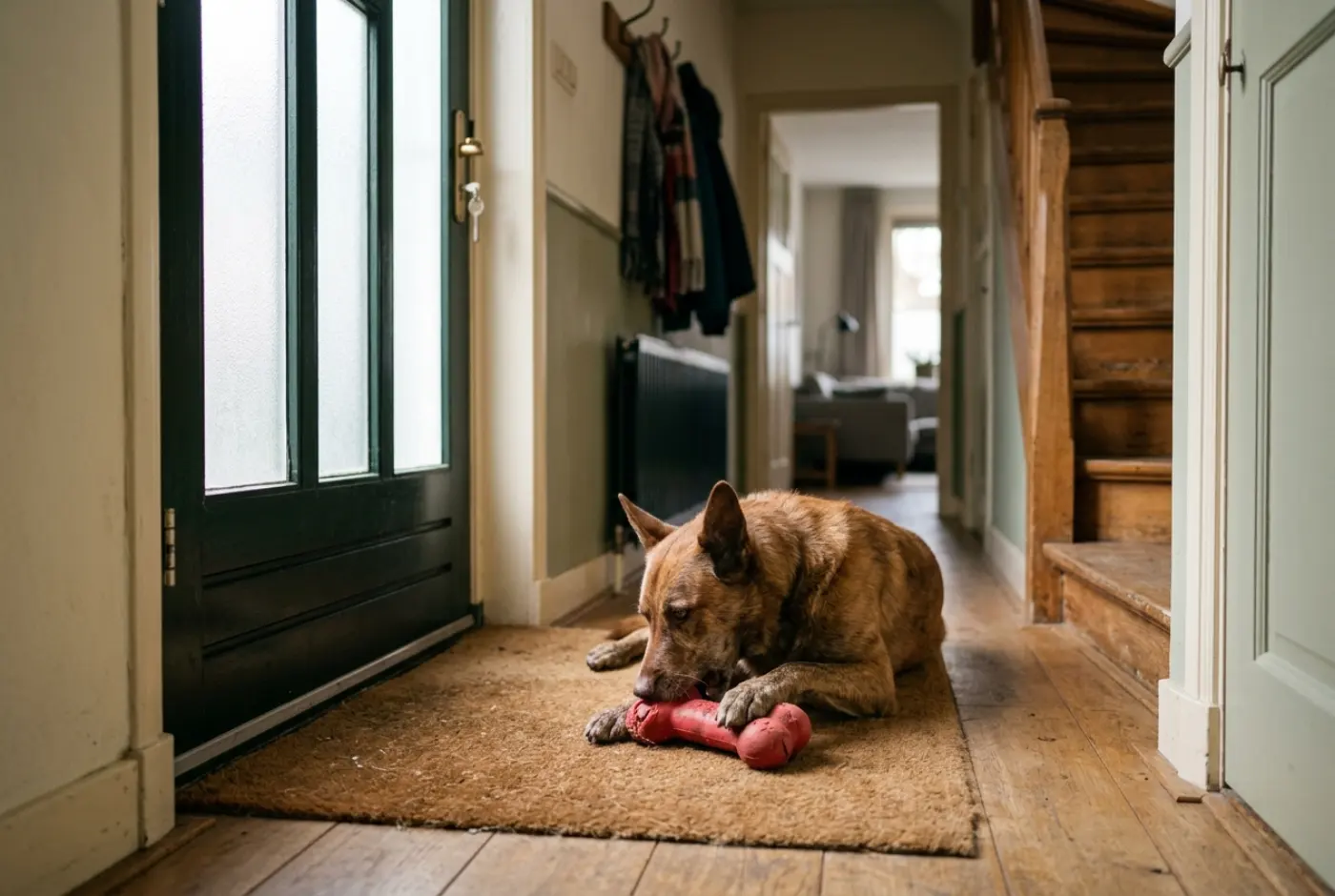 Hond ligt bij de voordeur met een gevuld kauwspeeltje