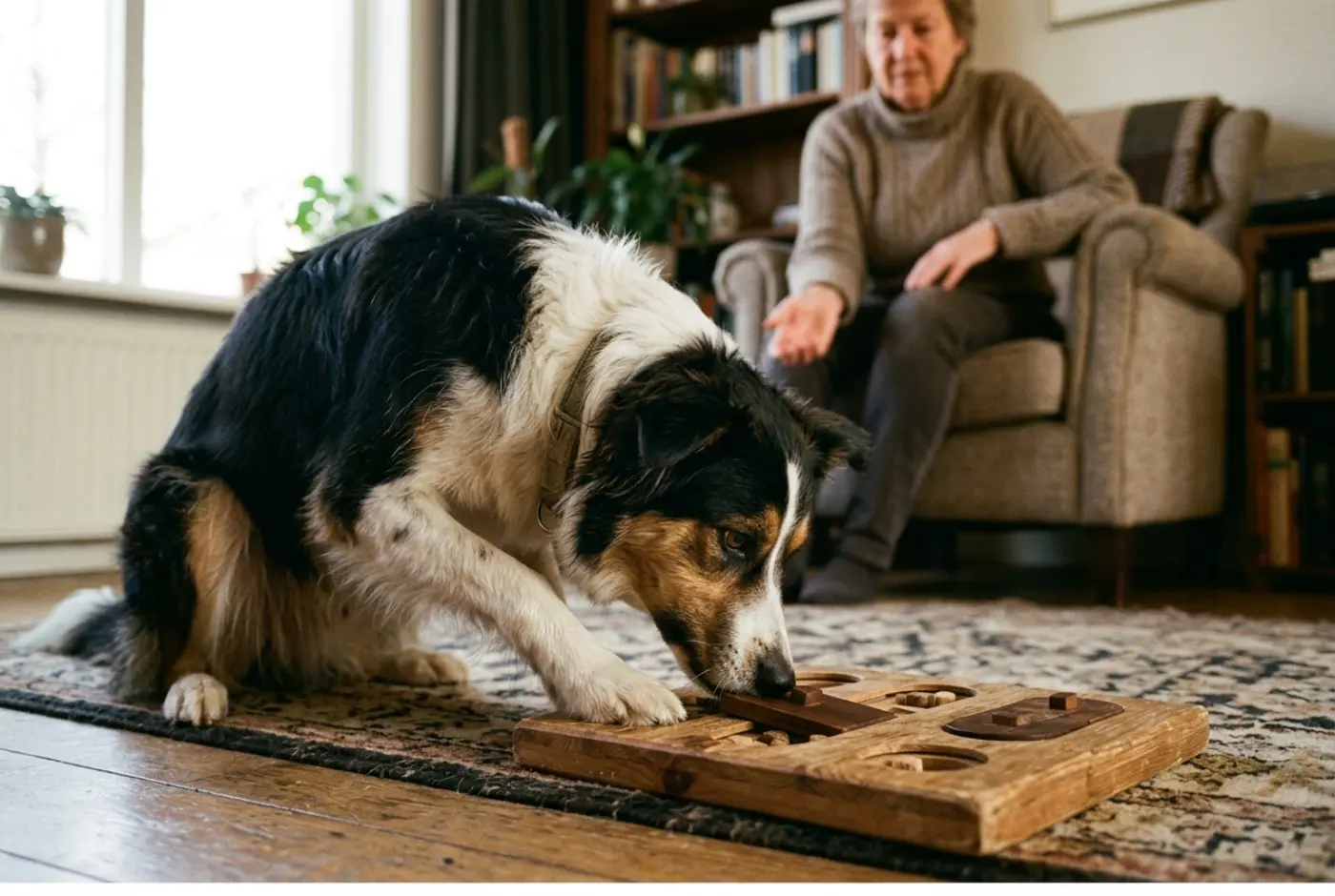 Sfeerbeeld: hond aan het werk met denkspeelgoed