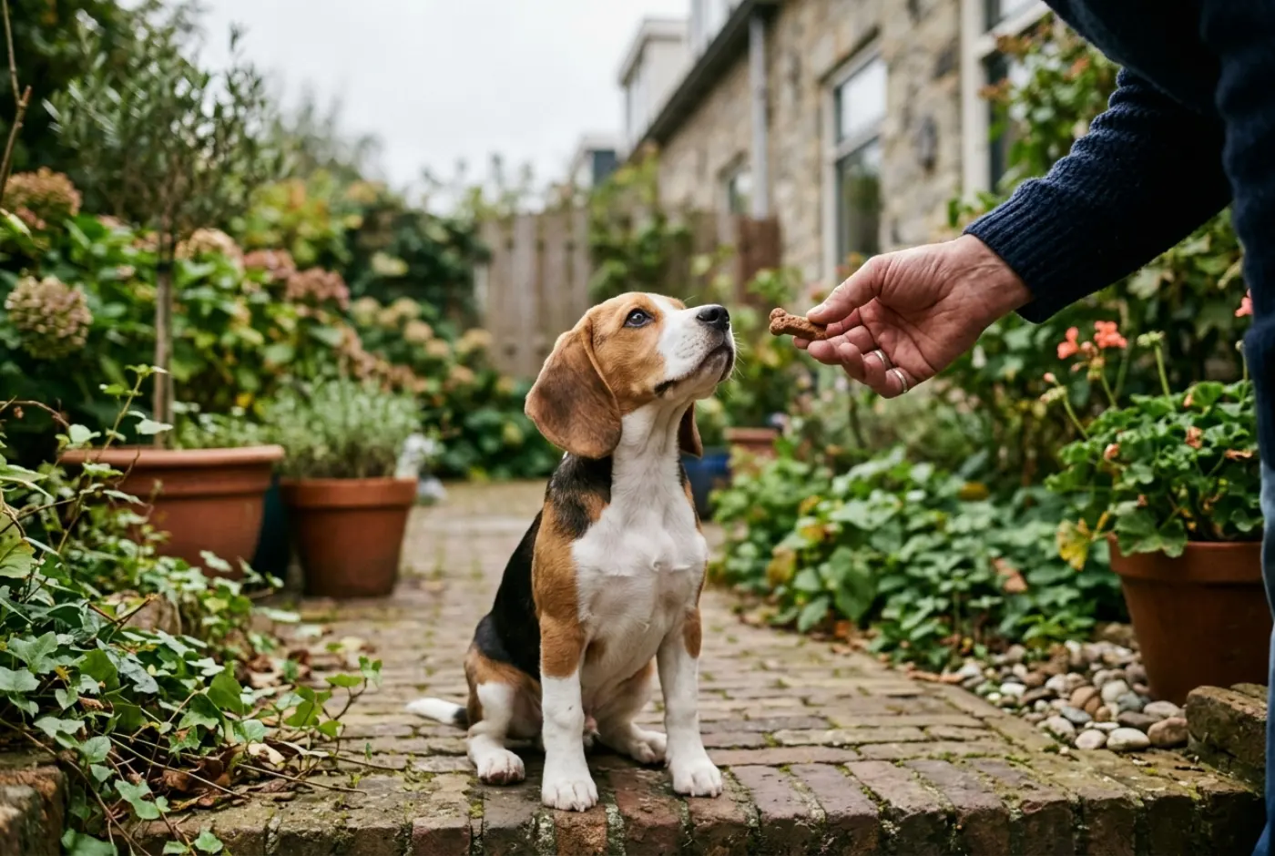 Beagle kijkt aandachtig naar een beloning