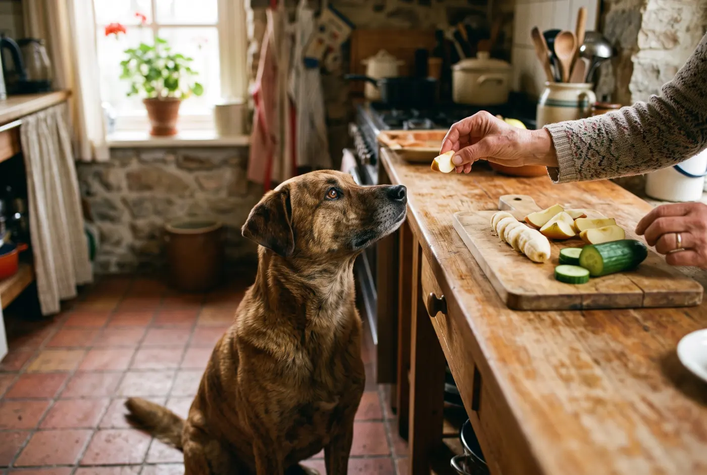 Hond kijkt naar stukjes banaan, appel en komkommer op een snijplank